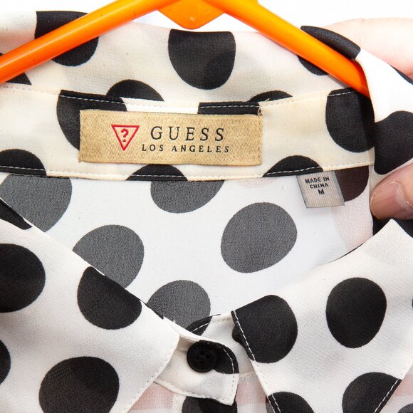Guess Women’s Top Black White Polka Dots Button Up Long Sleeve Chiffon - Picture 3 of 3